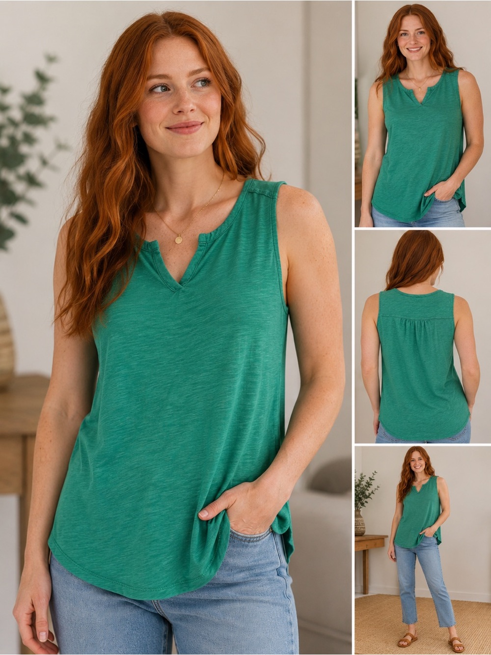 Eddie Bauer Women’s Large Green Sleeveless Split Neck Tank Top Cotton Tencel